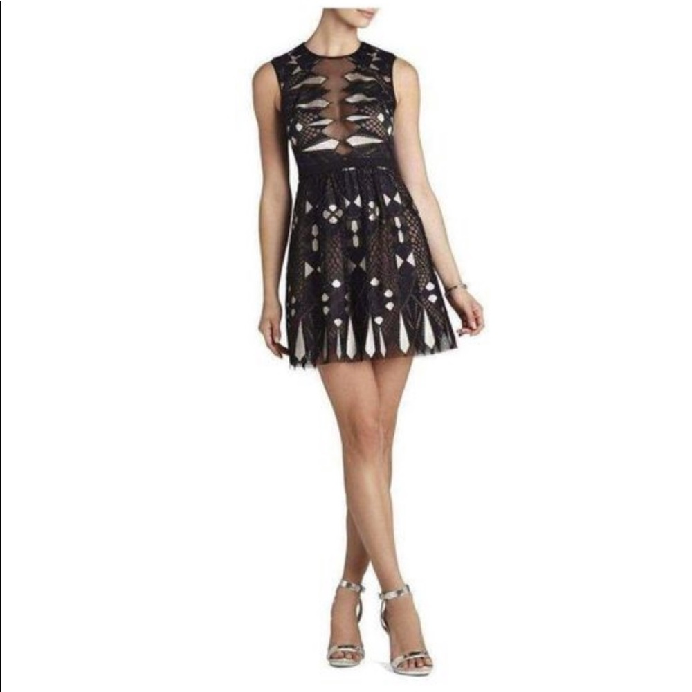 New BCBG MAXAZRIA Kailey evening dress Blk combo cocktail peekaboo sheer plunge